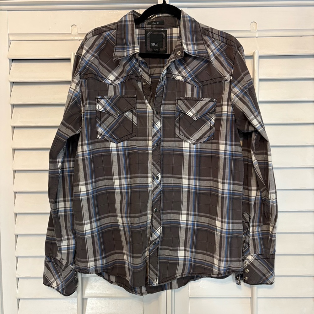 BKE Brown Plaid Pearl Snap Shirt Size Large